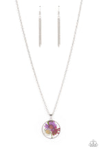 Load image into Gallery viewer, A leafy collection of colorful wildflowers is encased inside a glassy frame, creating a whimsical pendant at the bottom of the lengthened silver chain. Features an adjustable clasp closure.
