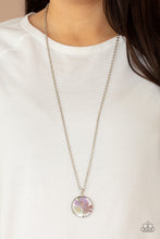 Load image into Gallery viewer, A leafy collection of colorful wildflowers is encased inside a glassy frame, creating a whimsical pendant at the bottom of the lengthened silver chain. Features an adjustable clasp closure.
