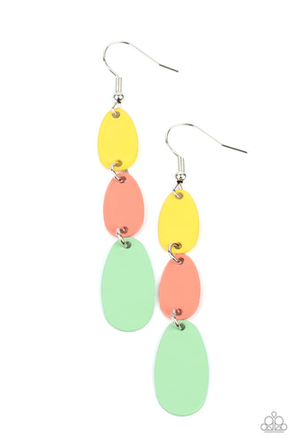 Painted in shiny Illuminating, Burnt Coral, and Green Ash finishes, lengthened oval frames drip from the ear, linking into a colorful lure. Earring attaches to a standard fishhook fitting. 