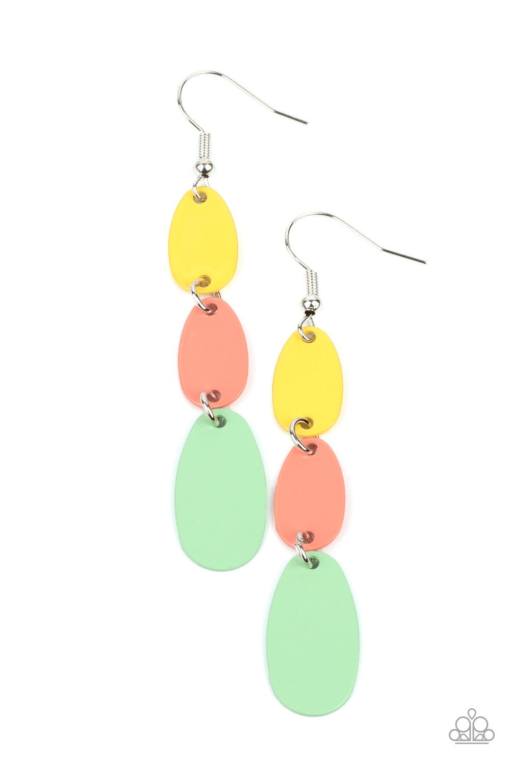 Painted in shiny Illuminating, Burnt Coral, and Green Ash finishes, lengthened oval frames drip from the ear, linking into a colorful lure. Earring attaches to a standard fishhook fitting. 