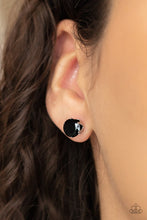 Load image into Gallery viewer, An oversized black rhinestone is nestled inside a pronged silver fitting, creating a timeless statement piece. Earring attaches to a standard post fitting.
