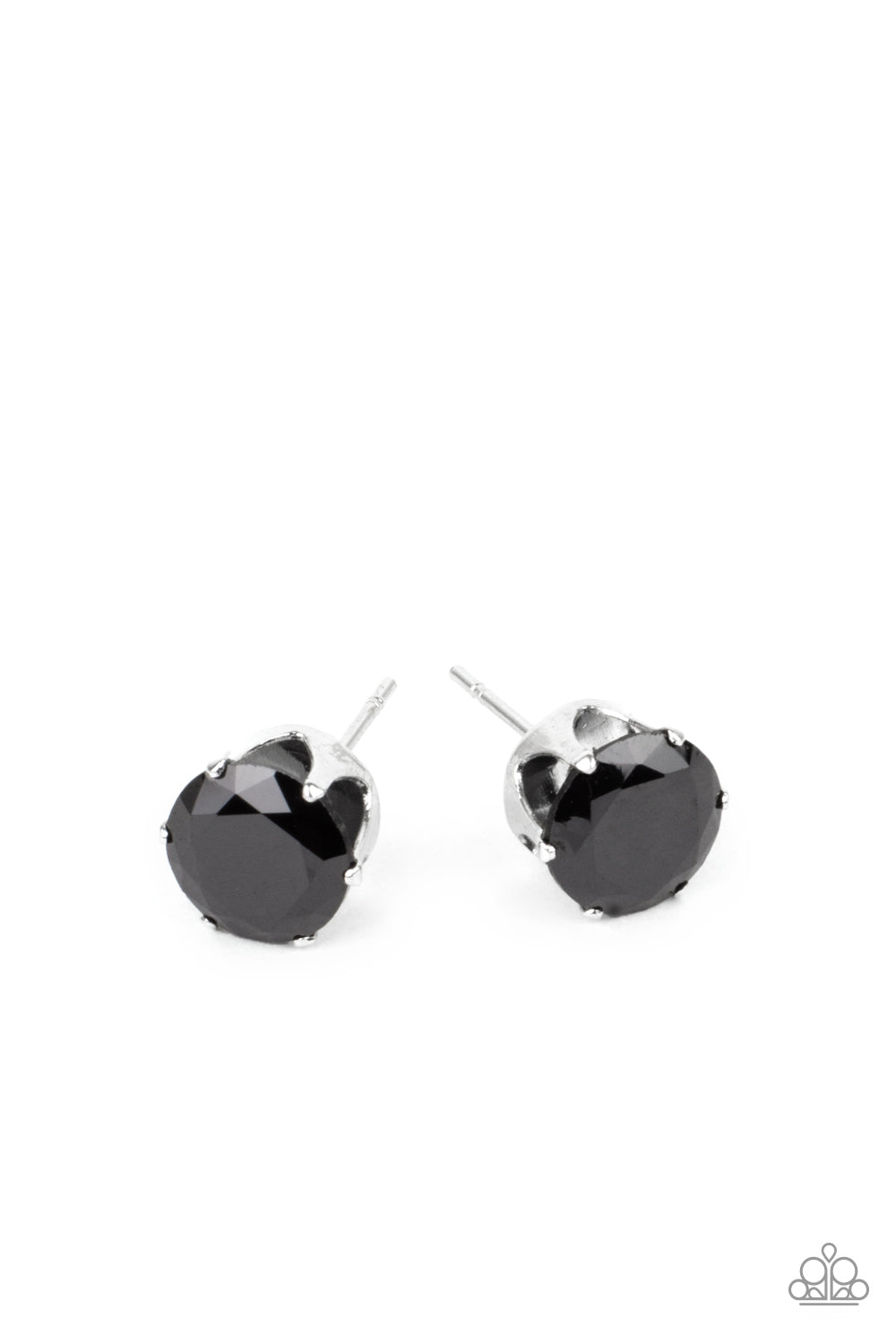 An oversized black rhinestone is nestled inside a pronged silver fitting, creating a timeless statement piece. Earring attaches to a standard post fitting.