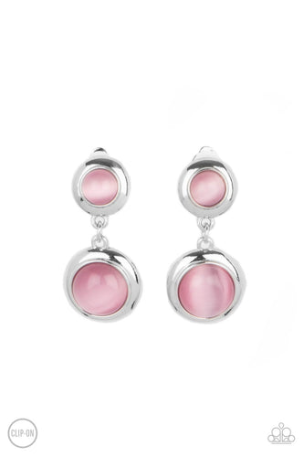Encased in sleek silver fittings, two pink cat's eye stones link into a whimsical lure. Earring attaches to a standard clip-on fitting.