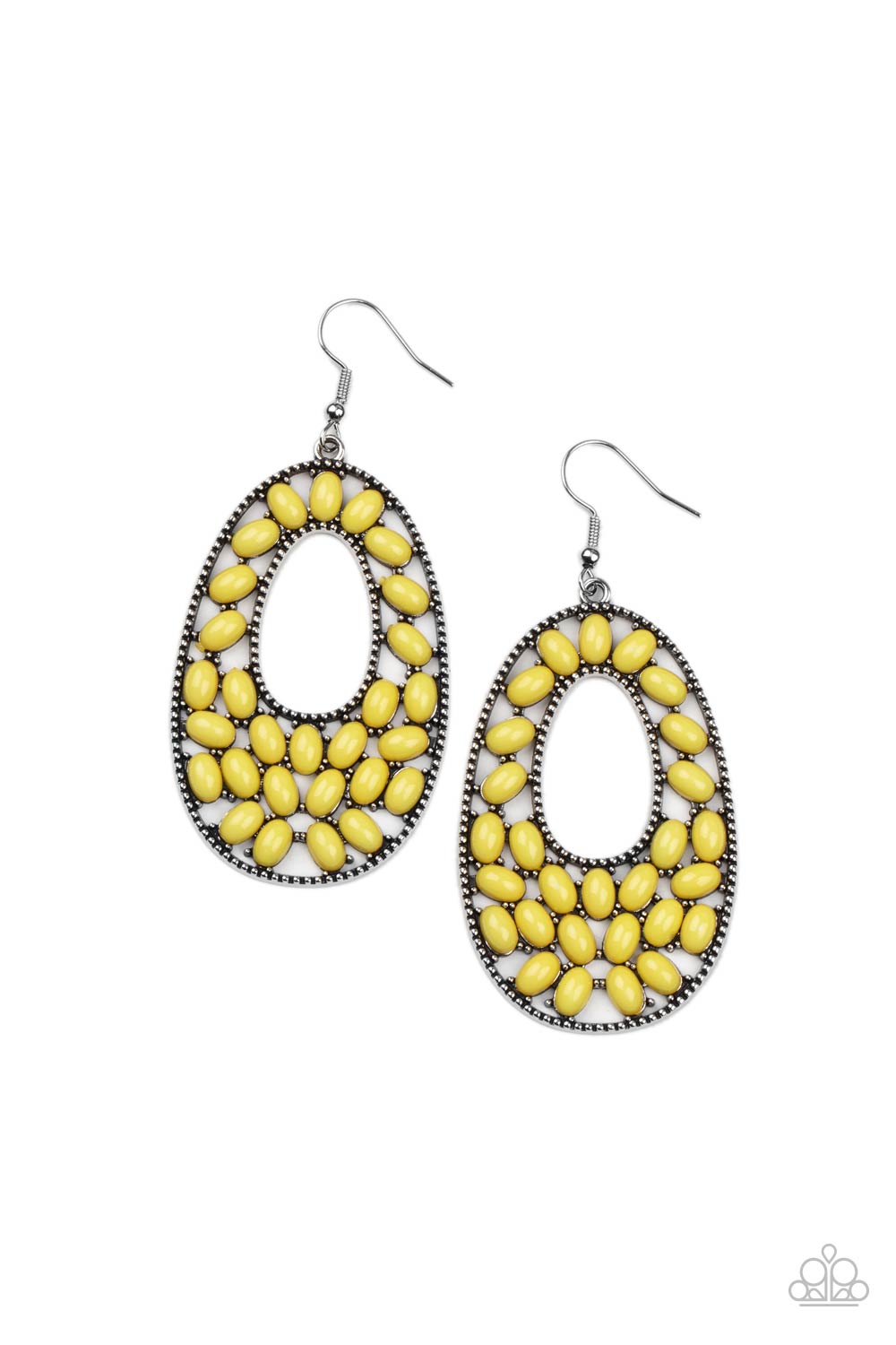 A collection of oval Illuminating beads collect inside a studded silver oval frame, creating a bright pop of color. Earring attaches to a standard fishhook fitting.
