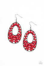 Load image into Gallery viewer, A collection of oval red beads collect inside a studded silver oval frame, creating a bright pop of color. Earring attaches to a standard fishhook fitting.
