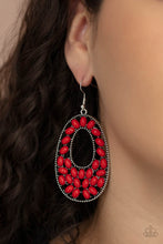 Load image into Gallery viewer, A collection of oval red beads collect inside a studded silver oval frame, creating a bright pop of color. Earring attaches to a standard fishhook fitting.
