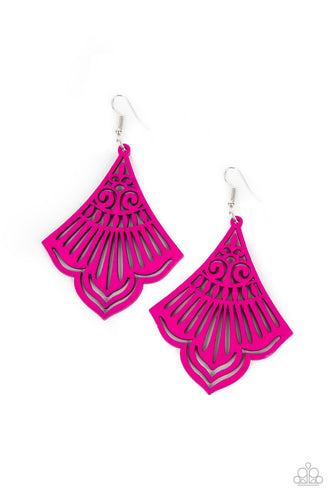 Painted in a vivacious pink finish, a scalloped wooden frame is cutout in airy stenciled details for a whimsical finish. Earring attaches to a standard fishhook fitting. 
