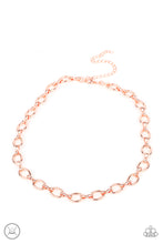 Load image into Gallery viewer, A collection of oversized shiny copper ovals and shiny copper fittings interlock around the neck, creating an intense industrial look. Features an adjustable clasp closure.
