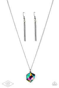 Featuring a UV shimmer, a purple iridescent raw-cut gem dazzles below the collar, creating an out-of-this-world sparkle. Features an adjustable clasp closure.