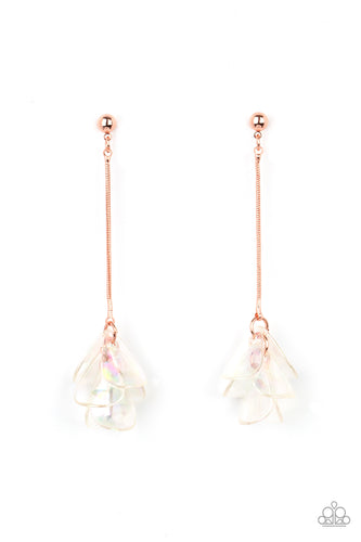 Iridescent acrylic petals delicately cluster at the bottom of a shiny copper chain, creating an ethereal tassel. Earring attaches to a standard post fitting.  Sold as one pair of post earrings. 