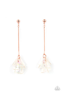 Iridescent acrylic petals delicately cluster at the bottom of a shiny copper chain, creating an ethereal tassel. Earring attaches to a standard post fitting.  Sold as one pair of post earrings. 