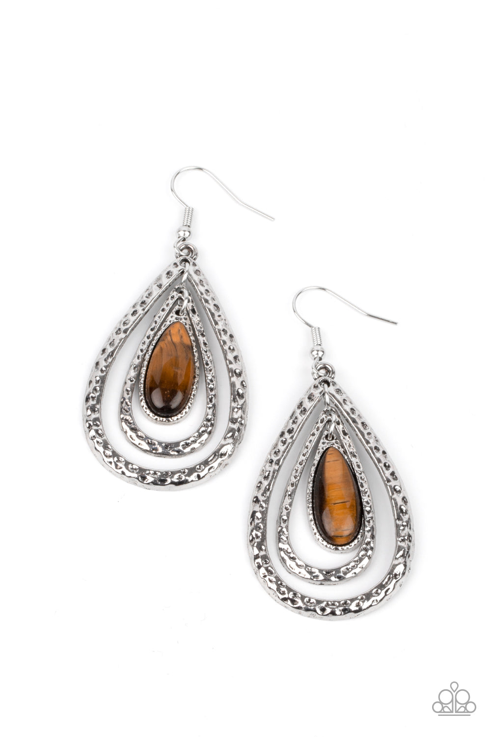 A teardrop tiger's eye stone swings from the top of a hammered silver frame that links to a larger hammered silver frame, creating a rippling lure. Earring attaches to a standard fishhook fitting.