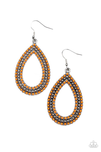 Two rows of dainty orange seed beads flank a center row of silver studs across the front of a silver teardrop frame, coalescing into a colorful lure. Earring attaches to a standard fishhook fitting.