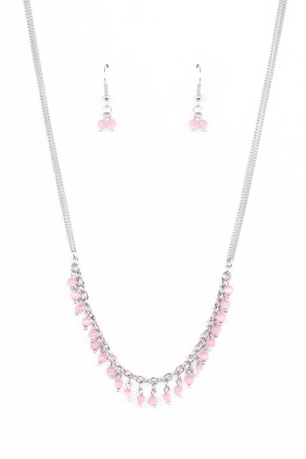 Dainty pink cat's eye stones dangle from a classic silver chain, creating a dewy fringe below the collar. Features an adjustable clasp closure. 