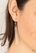 Load image into Gallery viewer, Trios of faceted iridescence, dewy white teardrop beads, encased in studded rose gold casings coalesce into leafy frames that delicate link into an ethereal fringe below the collar. Features an adjustable closure.
