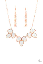 Load image into Gallery viewer, Trios of faceted iridescence, dewy white teardrop beads, encased in studded rose gold casings coalesce into leafy frames that delicate link into an ethereal fringe below the collar. Features an adjustable closure.

