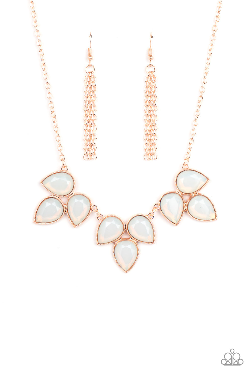 Trios of faceted iridescence, dewy white teardrop beads, encased in studded rose gold casings coalesce into leafy frames that delicate link into an ethereal fringe below the collar. Features an adjustable closure.