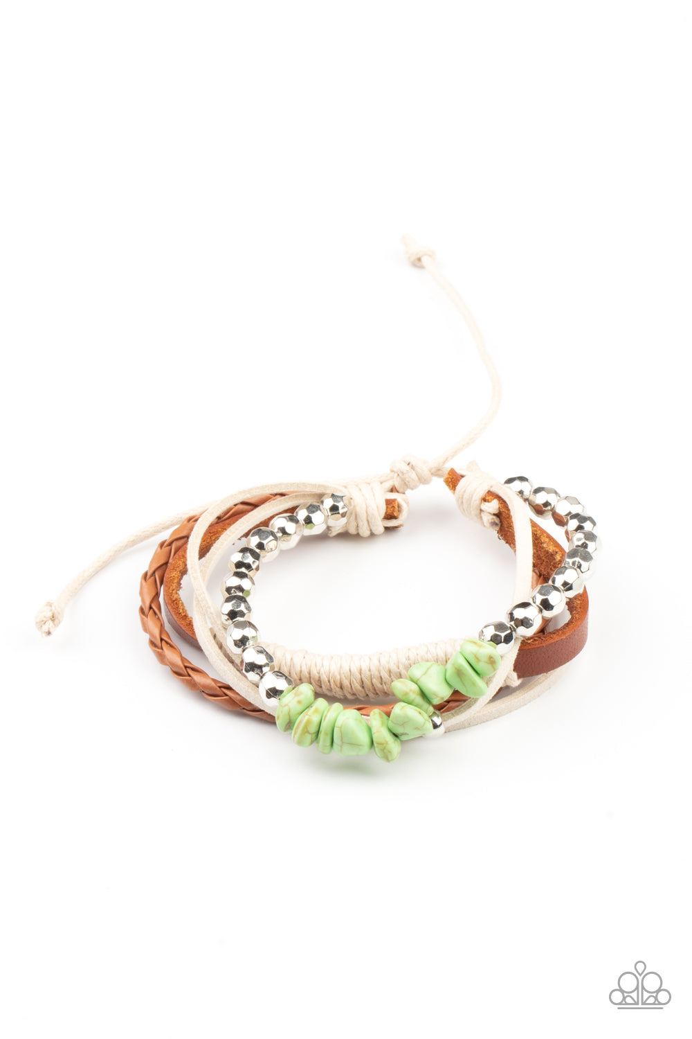 A strand of green pebbles and faceted silver beads joins rustic suede and leather bands around the wrist, creating earthy layers. Features an adjustable sliding knot closure.