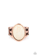 Load image into Gallery viewer, An oval white stone is nestled inside an antiqued copper frame that attaches to layered copper bands, creating a rustic stone centerpiece atop the finger. Features a stretchy band for a flexible fit. 
