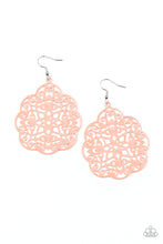 Load image into Gallery viewer, Filled with a floral filigree backdrop, a scalloped silver frame is painted in a shiny Burnt Coral finish for a colorful flair. Earring attaches to a standard fishhook fitting.
