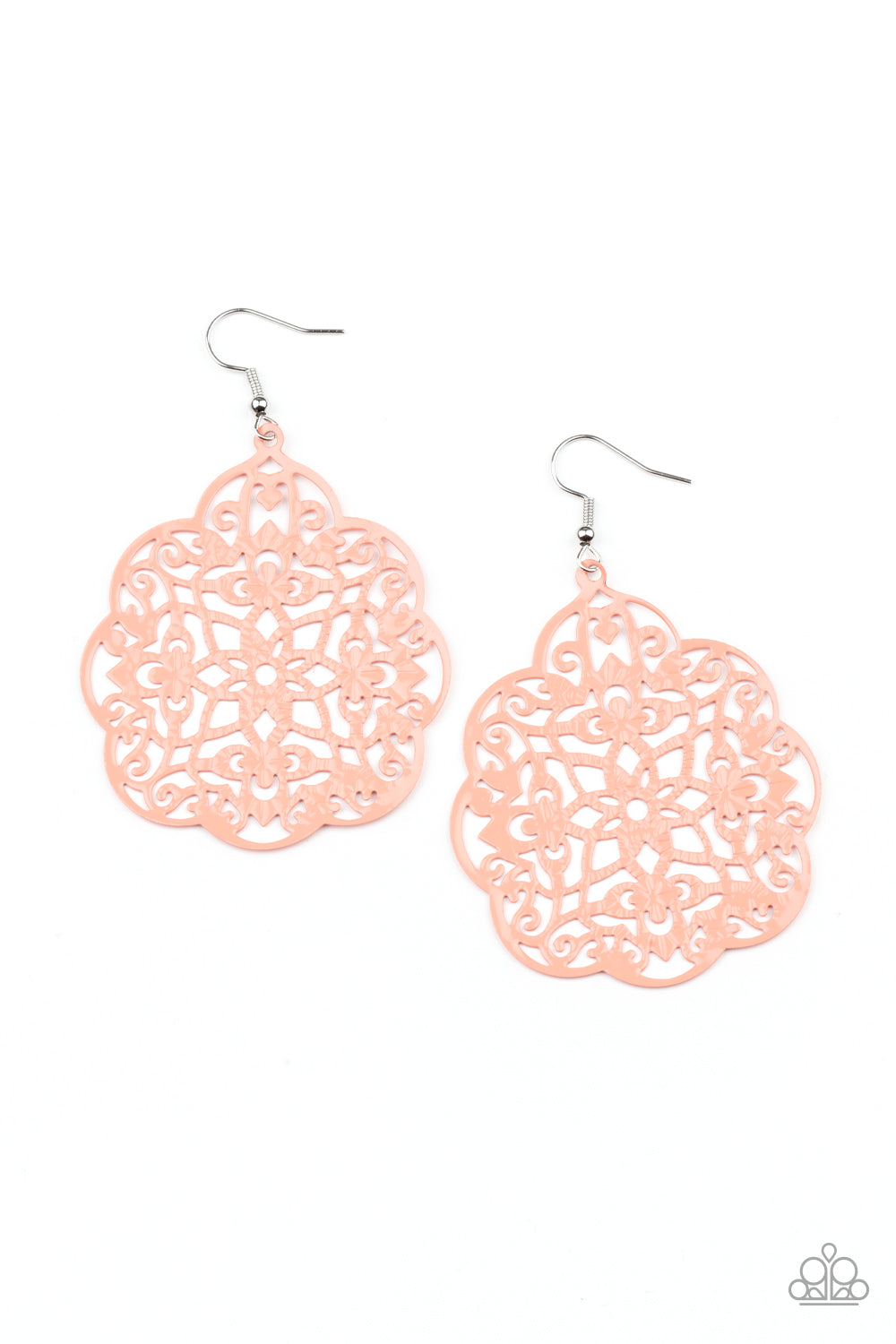 Filled with a floral filigree backdrop, a scalloped silver frame is painted in a shiny Burnt Coral finish for a colorful flair. Earring attaches to a standard fishhook fitting.