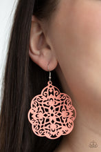 Load image into Gallery viewer, Filled with a floral filigree backdrop, a scalloped silver frame is painted in a shiny Burnt Coral finish for a colorful flair. Earring attaches to a standard fishhook fitting.
