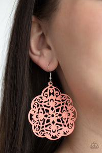 Filled with a floral filigree backdrop, a scalloped silver frame is painted in a shiny Burnt Coral finish for a colorful flair. Earring attaches to a standard fishhook fitting.