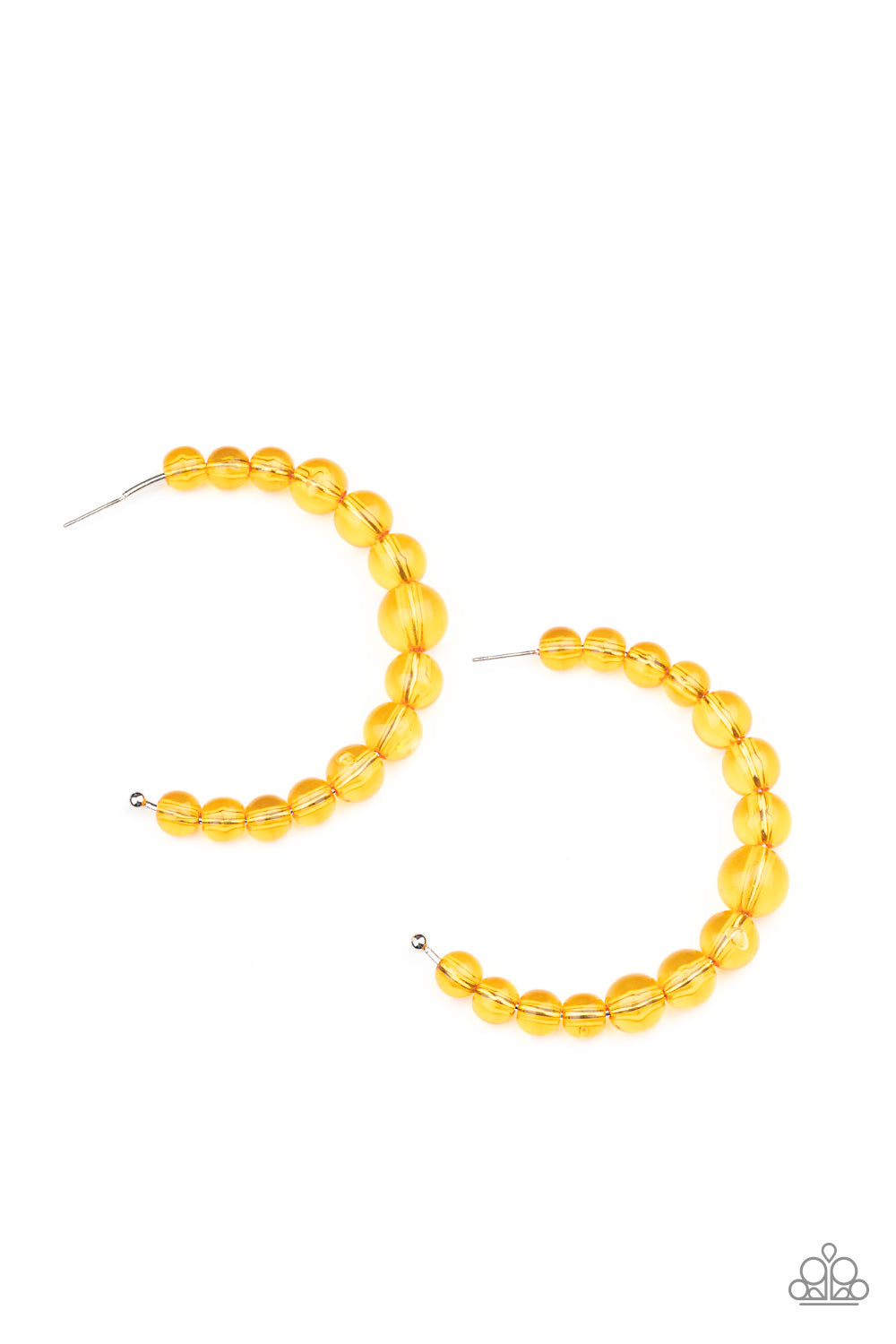 Gradually increasing in size at the center, a glassy collection of Marigold beads are threaded along an oversized hoop for a bubbly effect. Earring attaches to a stand post fitting. Hoop measures approximately 2 1/2