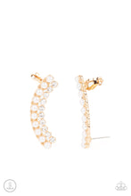 Load image into Gallery viewer, Featuring classic gold fittings, two rows of dainty white pearls and glassy white rhinestones arch into a timeless statement piece. Earring attaches to a standard post earring. Features a clip-on fitting at the top for a secure fit.
