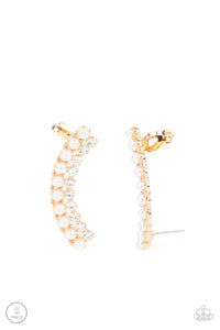 Featuring classic gold fittings, two rows of dainty white pearls and glassy white rhinestones arch into a timeless statement piece. Earring attaches to a standard post earring. Features a clip-on fitting at the top for a secure fit.