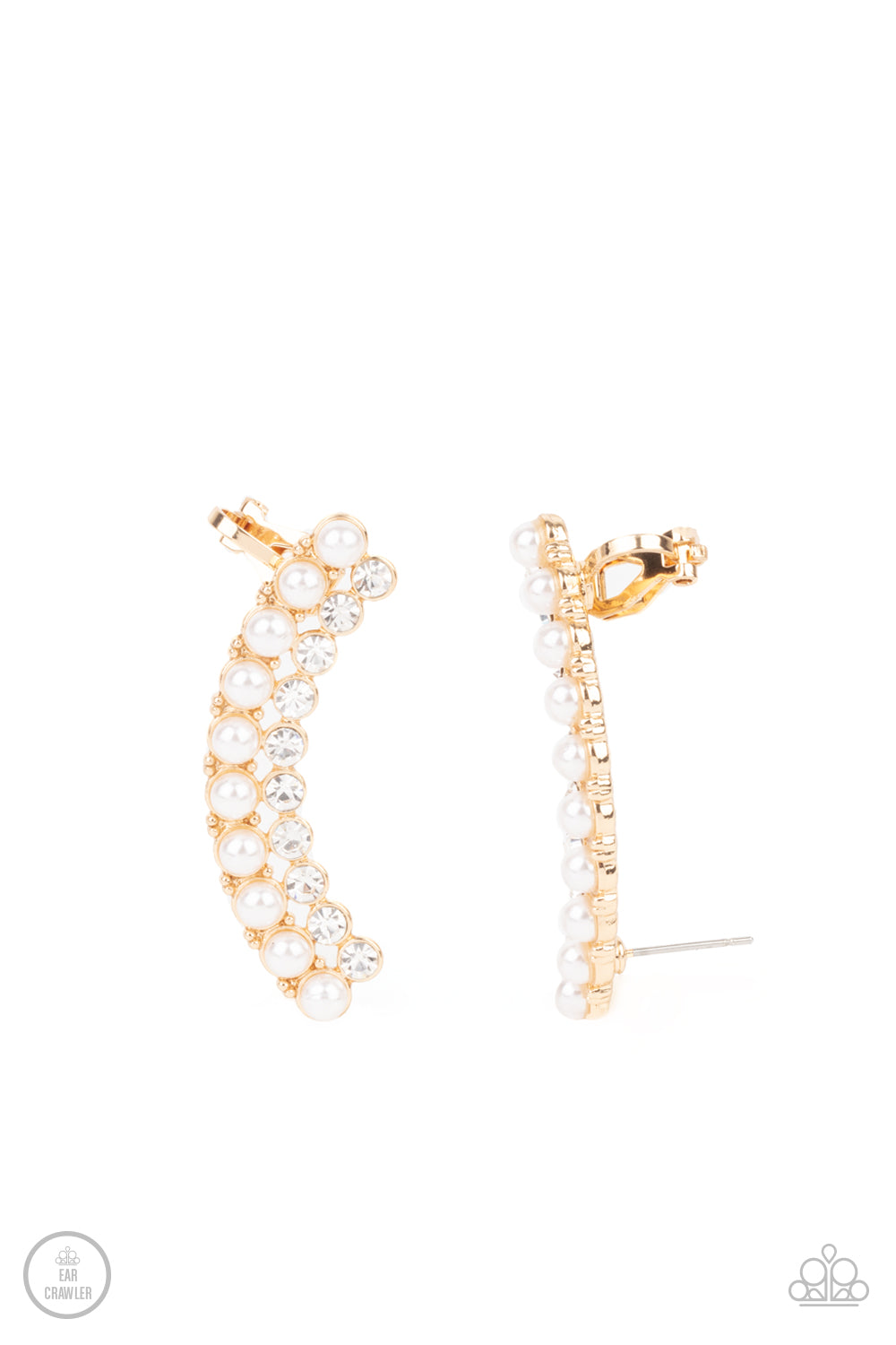 Featuring classic gold fittings, two rows of dainty white pearls and glassy white rhinestones arch into a timeless statement piece. Earring attaches to a standard post earring. Features a clip-on fitting at the top for a secure fit.