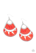 Load image into Gallery viewer, Three abstract silver fittings section off the inside of a pronged teardrop. Red thread is wrapped around the bar-like fittings, creating colorful loom-like accents. Earring attaches to a standard fishhook fitting.
