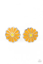 Load image into Gallery viewer, Shiny orange petals fan out from a dainty yellow center, creating a whimsical daisy. Earring attaches to a standard post fitting
