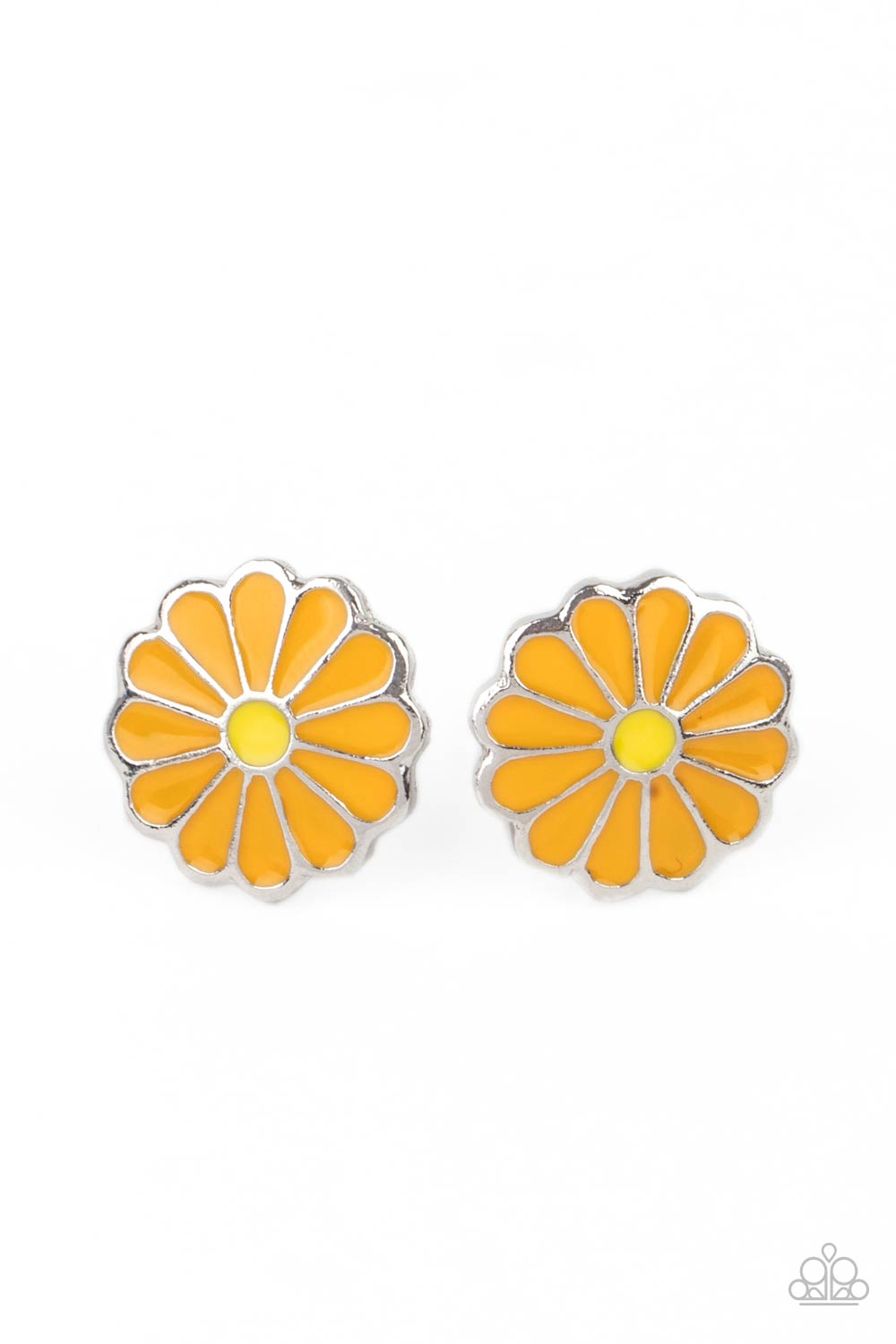 Shiny orange petals fan out from a dainty yellow center, creating a whimsical daisy. Earring attaches to a standard post fitting