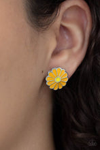 Load image into Gallery viewer, Shiny orange petals fan out from a dainty yellow center, creating a whimsical daisy. Earring attaches to a standard post fitting
