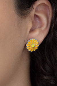 Shiny orange petals fan out from a dainty yellow center, creating a whimsical daisy. Earring attaches to a standard post fitting