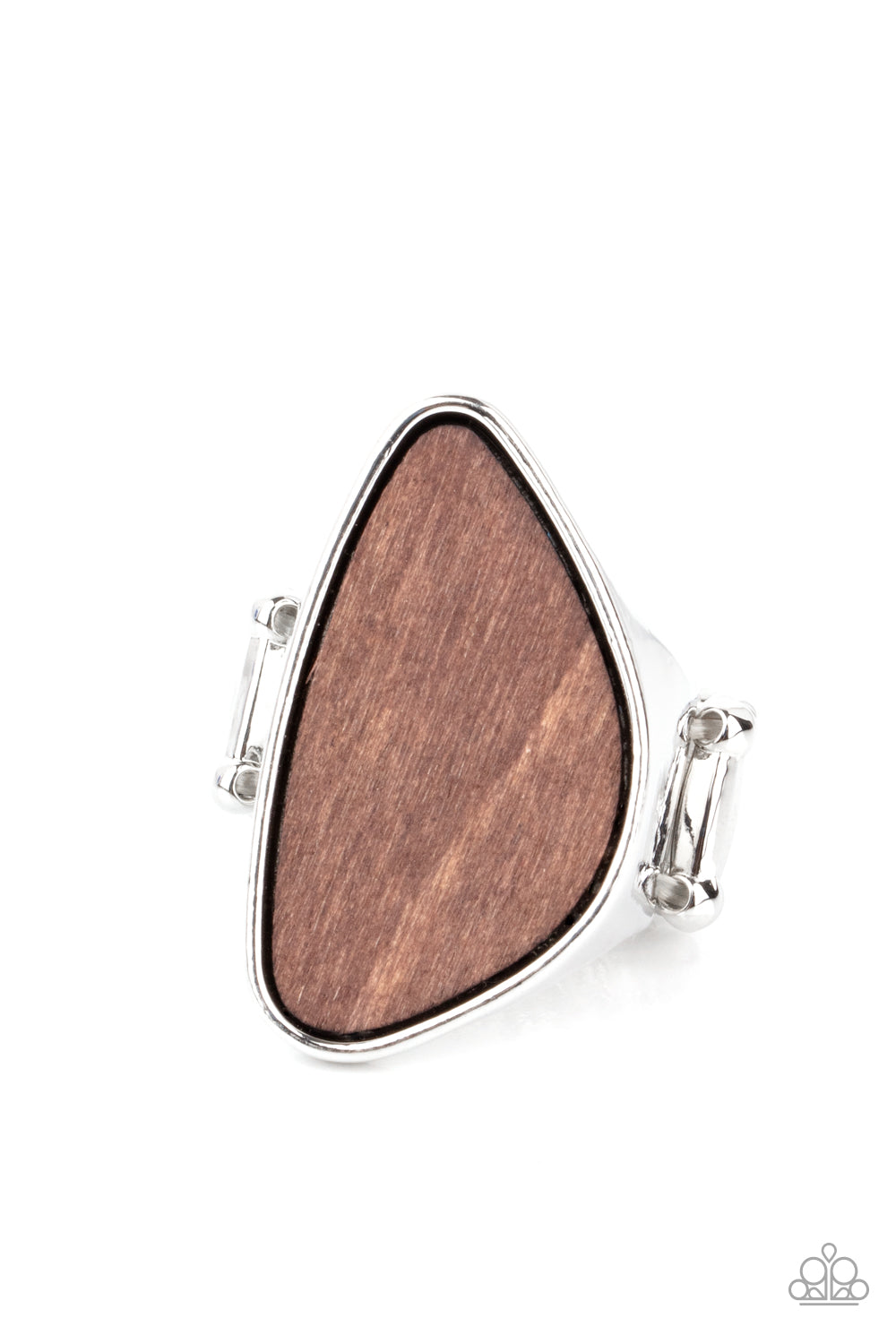 An asymmetrical piece of rustic wood is nestled inside a sleek silver frame that thickens into a shimmery band around the finger, creating a refined centerpiece. Features a stretchy band for a flexible fit.