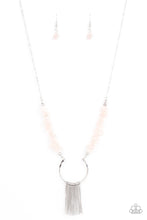 Load image into Gallery viewer, Dainty silver rods swing from the bottom of a bowing silver fitting that attaches to sections of pink pebbles at the bottom of a silver chain, creating a whimsically seasonal display. Features an adjustable clasp closure.
