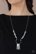 Load image into Gallery viewer, Dainty silver rods swing from the bottom of a bowing silver fitting that attaches to sections of pink pebbles at the bottom of a silver chain, creating a whimsically seasonal display. Features an adjustable clasp closure.
