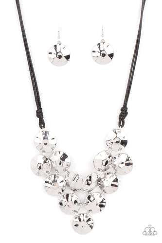 Featuring a hammered finish, a collection of shiny silver discs delicately connect into a netted pendant at the bottom of knotted black cords for a statement-making look. Features an adjustable clasp closure.
