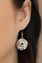 Load image into Gallery viewer, Featuring a hammered finish, a collection of shiny silver discs delicately connect into a netted pendant at the bottom of knotted black cords for a statement-making look. Features an adjustable clasp closure.

