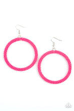 Load image into Gallery viewer, A dainty strand of vivacious pink seed beads wrap around a silver hoop, creating a bubbly hoop. Earring attaches to a standard fishhook fitting.

