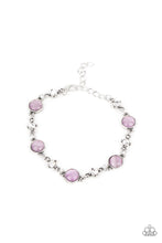 Load image into Gallery viewer, Encased in antiqued silver fittings, dainty white rhinestones and glowing Amethyst Orchid cat&#39;s eye stones delicately link around the wrist for a timeless finish. Features an adjustable clasp closure.
