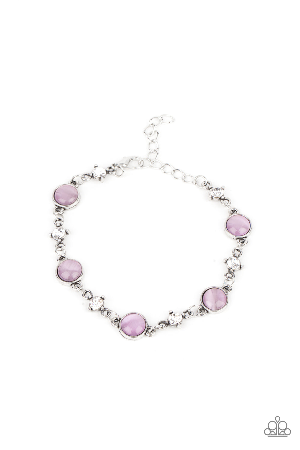 Encased in antiqued silver fittings, dainty white rhinestones and glowing Amethyst Orchid cat's eye stones delicately link around the wrist for a timeless finish. Features an adjustable clasp closure.