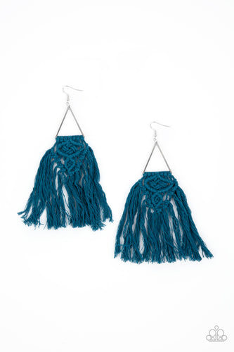 Blue threaded tassels ornately knot at the bottom of a shimmery silver triangular frame, creating a macramé inspired fringe. Earring attaches to a standard fishhook fitting