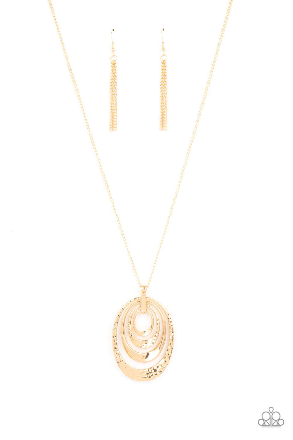 An asymmetrical collection of plain and hammered gold ovals alternate at the bottom of a lengthened gold chain, creating a dramatically stacked pendant. Features an adjustable clasp closure