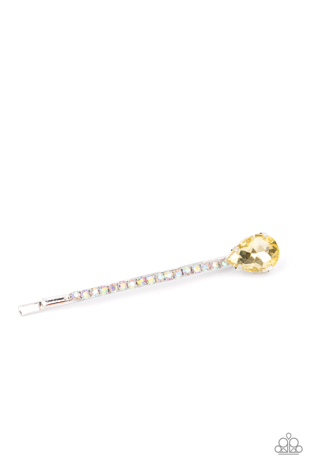 A golden yellow teardrop gem adorns the corner of a bobby pin that is adorned in opalescent rhinestones for a glamorous finish. 