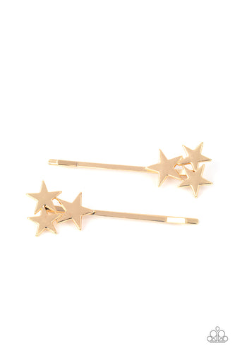 A trio of glistening gold stars cluster at the corner of a classic gold bobby pin for a stellar look. </P>