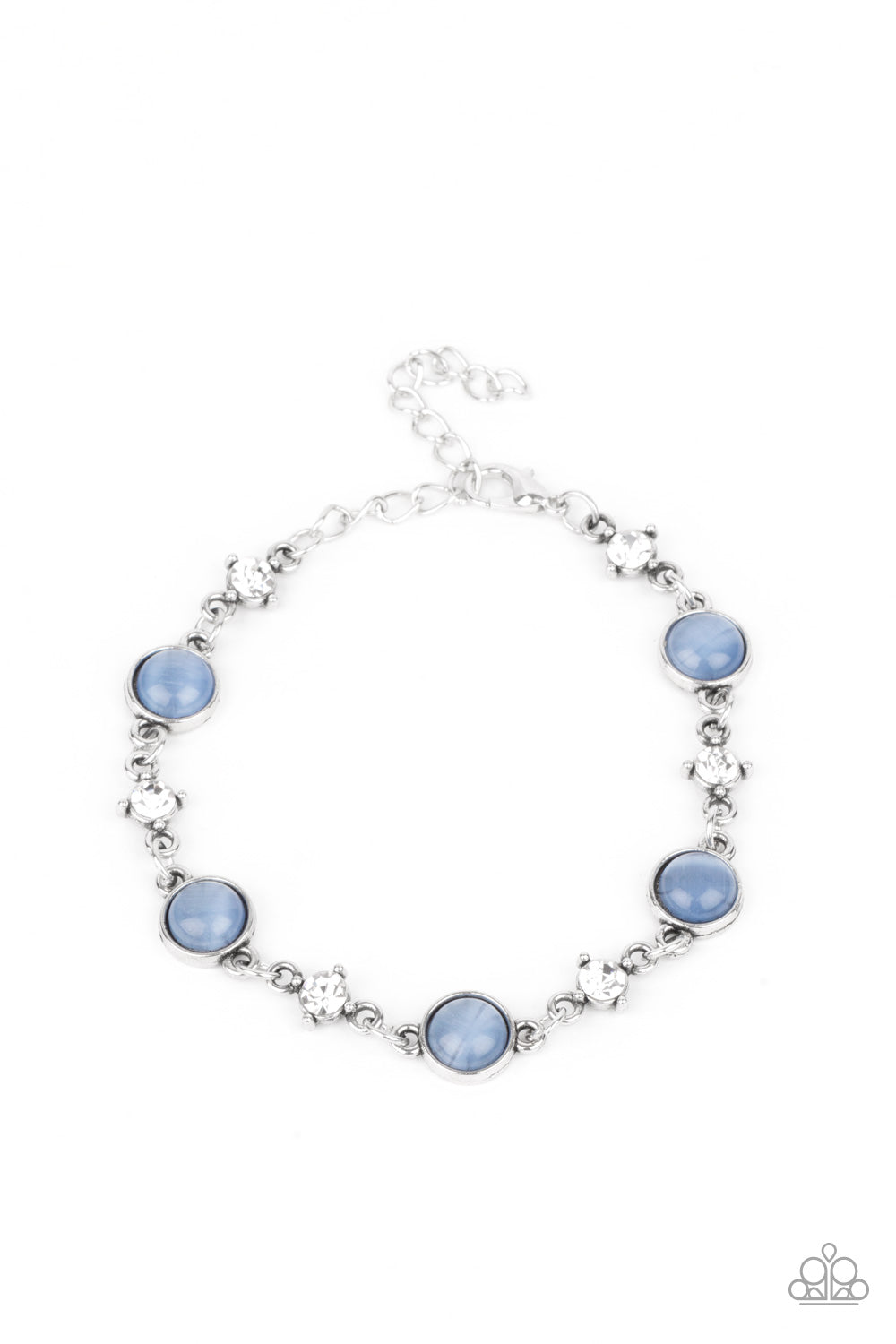 Encased in antiqued silver fittings, dainty white rhinestones and glowing Cerulean cat's eye stones delicately link around the wrist for a timeless finish. Features an adjustable clasp closure.