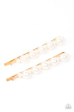 Load image into Gallery viewer, Dainty and classic pearls alternate along a pair of gold bobby pins, creating a bubbly display.
